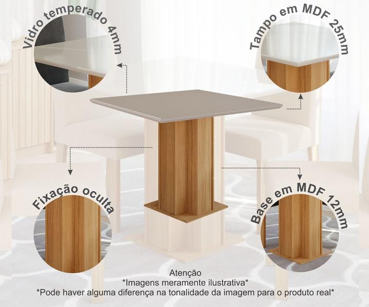 Imagem de Conjunto Sala De Jantar Sophia 95X95 Tampo MDF/Vidro 4 Cadeiras Maia Cimol Nature/Offwhite/Gengibre