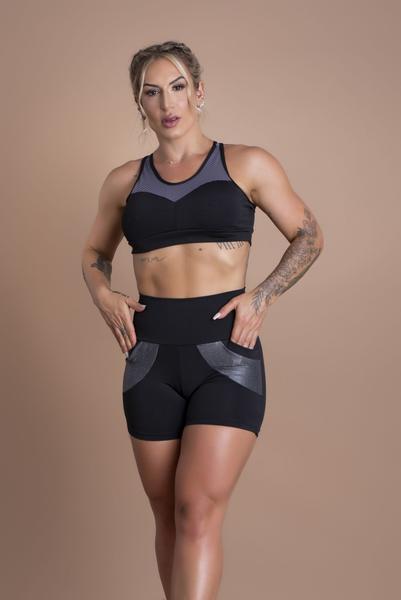 Imagem de Conjunto Short Fitness Feminino Treino Cintura Alta Bolso E Top Tela Academia F7 NEW STYLE