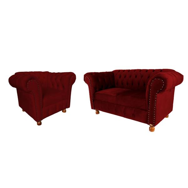 Imagem de Conjunto Sofa Namoradeira Chesterfield Capitone Luis XV Suede Bordo / decoracao, sala tv estar, recepcao