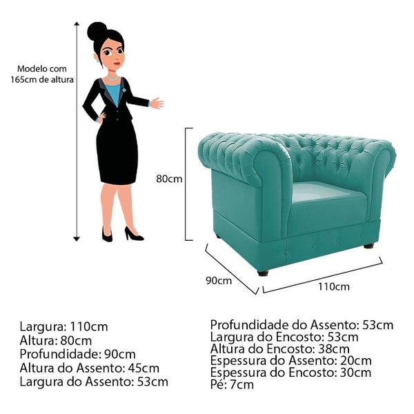 Imagem de Conjunto Sofá Namoradeira e Poltrona Capitonê Chesterfield Suede Azul Tiffany Recepção Sala de Estar - AM Decor