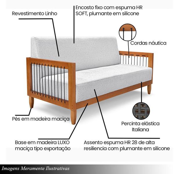 Imagem de Conjunto Sofá Namoradeira e Poltrona Sala de Estar Pés Madeira Maciça Corda Náutica Preta Manila Linho Cinza Rústico G63 - Gran Belo