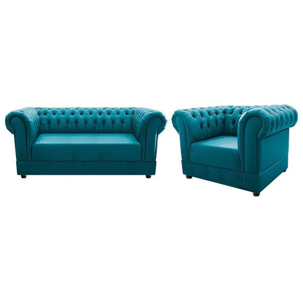 Imagem de Conjunto Sofá Recamier e Poltrona Cadeira Capitonê Chesterfield Suede Azul Turquesa Sala de Estar - AM Decor