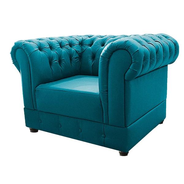 Imagem de Conjunto Sofá Recamier e Poltrona Cadeira Capitonê Chesterfield Suede Azul Turquesa Sala de Estar - AM Decor