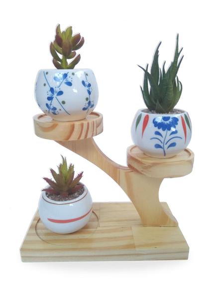 Imagem de Conjunto Suculenta Arranjo Flor Artificial Escultura Madeira - FLORDECORAR