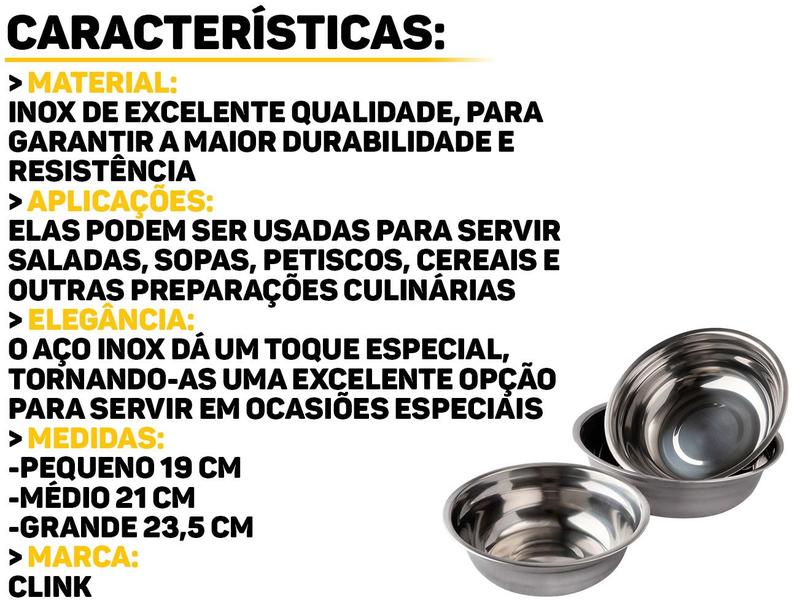 Imagem de Conjunto Tigelas Bowl Vasilha Em Aço Inox Para Massas Saladas Multiuso 3 Unidades Clink