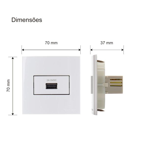 Imagem de Conjunto Tomada Carregador Usb 2A Para Moveis 70x70 Drywall Margirius Branco Sleek