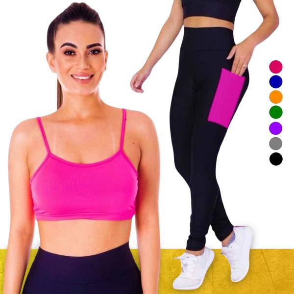 Imagem de Conjunto Top fitness ALÇA FINA bojo Feminino + CALÇA leg LEGGING BOLSOS Academia Corrida 626