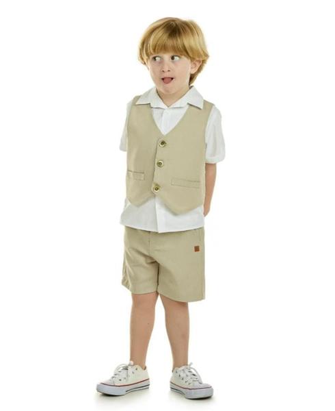 Conjunto Trio Masculino Infantil Juvenil Camisa Colete e Bermuda