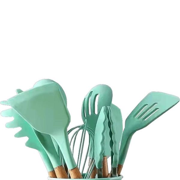 Imagem de Conjunto Utensílios Cozinha Silicone Bambu + Porta Talheres