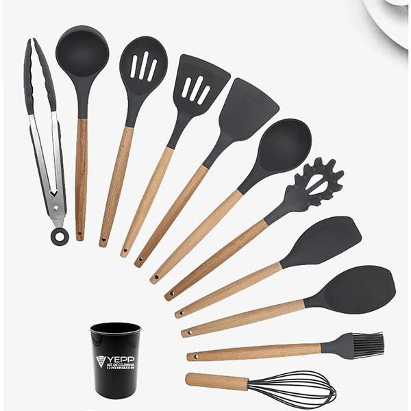 Imagem de Conjunto Utensílios Cozinha Silicone Bambu + Porta Talheres