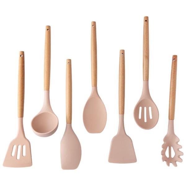 Imagem de Conjunto Utensílios De Cozinha Nylon e Madeira Rosa 13 Peças