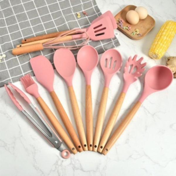 Imagem de Conjunto Utensílios De Cozinha Nylon e Madeira Rosa 13 Peças