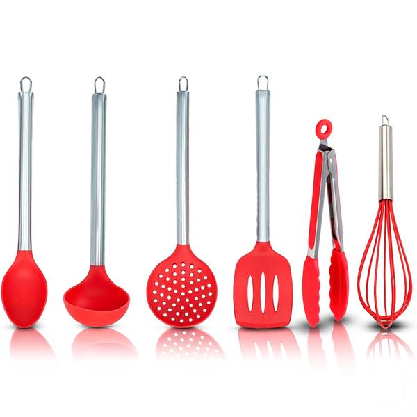 Imagem de Conjunto Utensílios De Cozinha Silicone Cabo Inox 6 Peças Colher Concha Escumadeira Espátula Pinça Batedor