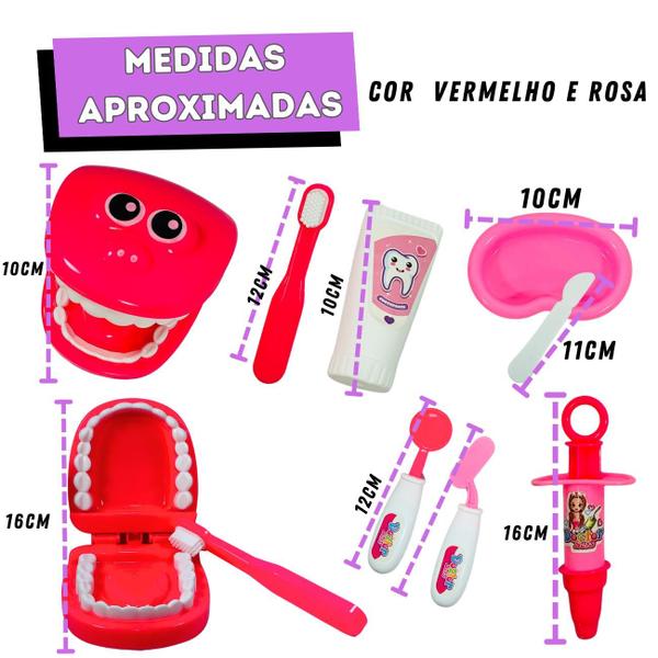 Imagem de Conjunto Utensílios Kit Dentista Doutora Infantil Rosa Toy King 10 Pcs -Completo Educativo Dentinhos