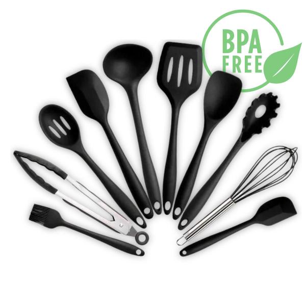 Imagem de Conjunto Utensílios Profissional 10 Peças Cozinha Silicone PRETO Talher escumadeira concha colher