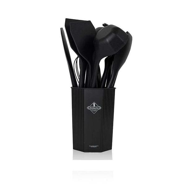 Imagem de Conjunto Utensílios Profissional 12 Peças Cozinha Silicone PRETO Talher escumadeira cabo madeira talheres colher concha escumadeiras