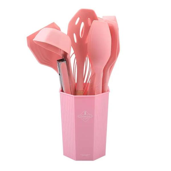 Imagem de Conjunto Utensílios Profissional 12 Peças Cozinha Silicone ROSA Talher escumadeira cabo madeira talheres colher concha escumadeiras