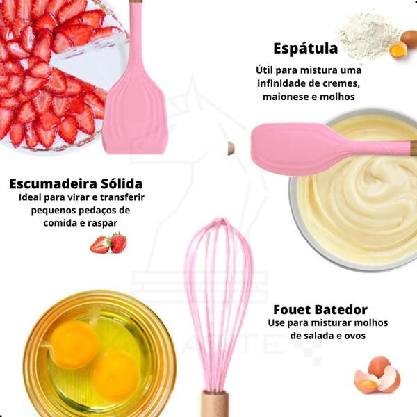 Imagem de Conjunto Utensílios Profissional 12 Peças Cozinha Silicone ROSA Talher escumadeira cabo madeira talheres colher concha escumadeiras