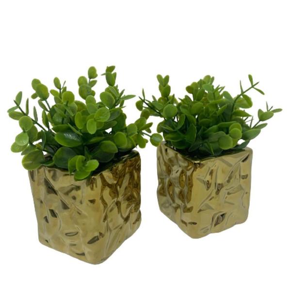 Imagem de Conjunto vaso de cerâmica dourado com planta artificial