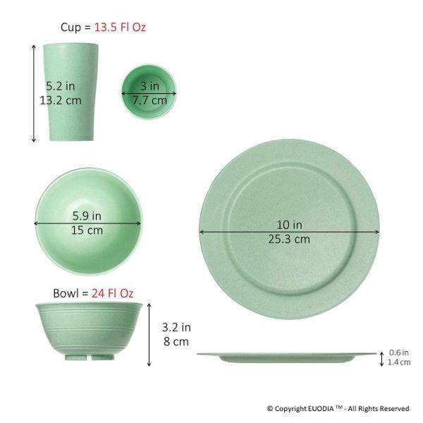 Imagem de Conjuntos de louça de plástico de palha de trigo euodia para 6 (pratos de jantar, tigelas &amp copos) - Lava-louças &amp micro-ondas safe  Reuquebrável Leve Reutilizável Eco Friendly BPA Free  Pratos de Camping ao Ar Livre