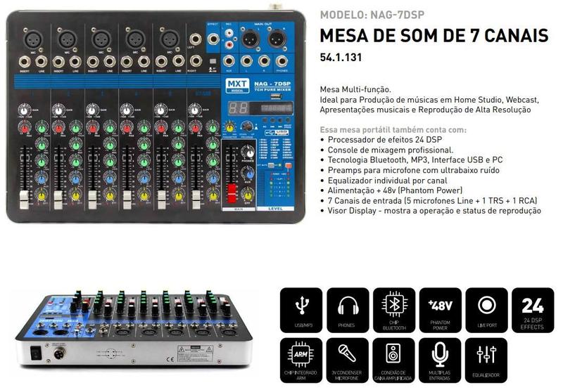 Imagem de Console mesa de som mixer 7 canais fone retorno profissional