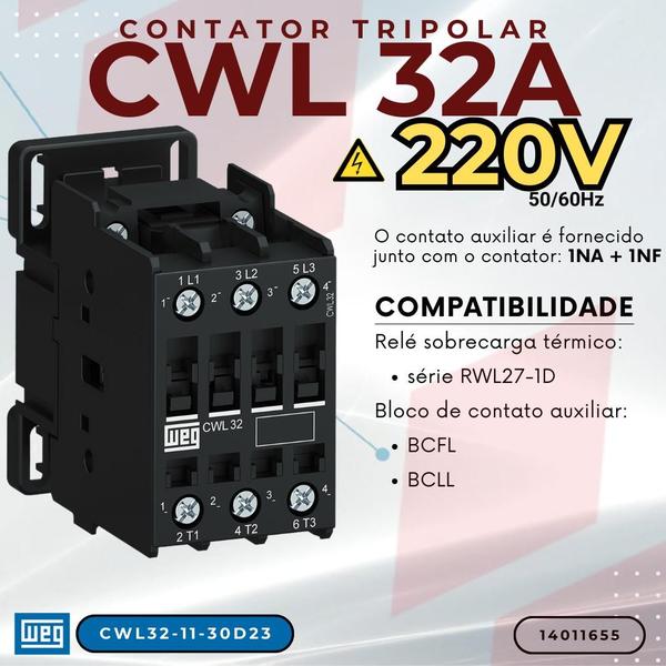 Imagem de Contator tripolar weg 32a 220v 50/60hz cwl32-11-30d23 - 14011655