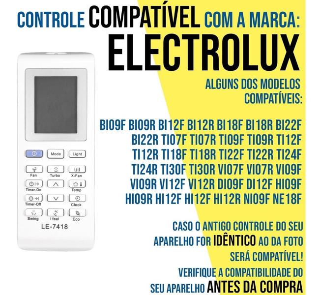 Imagem de Controle Compatível ELECTROLUX linha Eco turbo Techno Inverter Split Hi-Wall BI09F BI12F VI07F DI09F