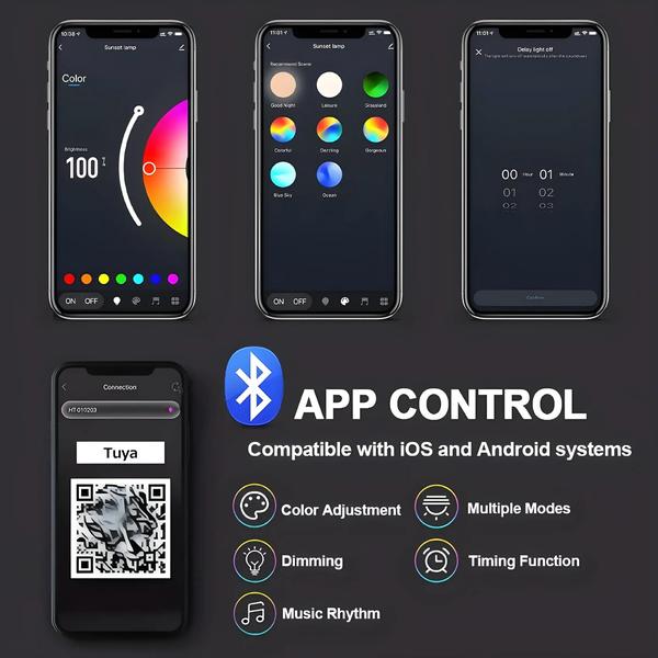 Controle de Luz Noturna LED com App Bluetooth Tuya Smart - Projetor de Efeito Sunset Imagem de Controle de Luz Noturna LED com App Bluetooth Tuya Smart - Projetor de Efeito Sunset