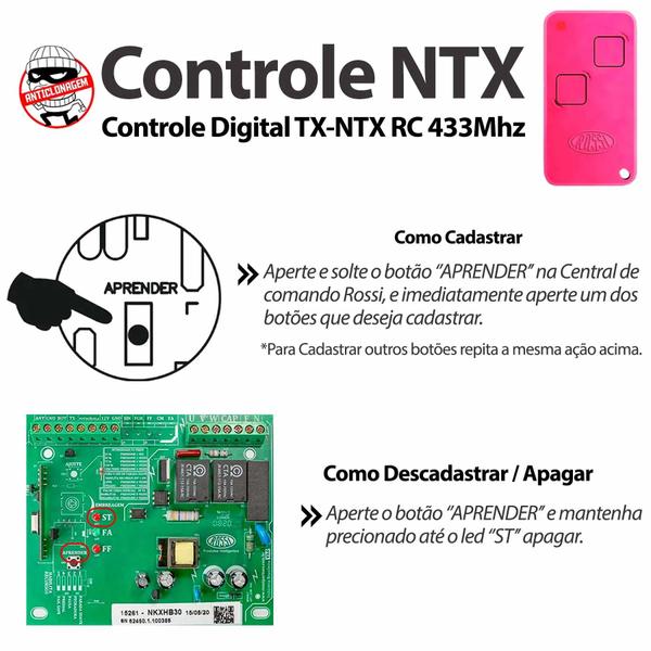 Imagem de Controle Portão Rossi Ntx 433 Dz Nano Atto Dz3 Dz4 Bv Nano