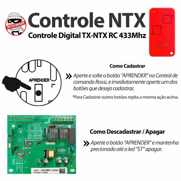 Imagem de Controle Portão Rossi Ntx 433 Dz Nano Atto Dz3 Dz4 Bv Nano