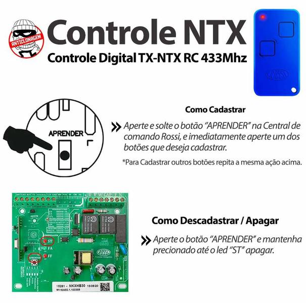 Imagem de Controle Remoto Motor Portão Rossi Hcs 433,92 Mhz Dz3 Dz4 Nano Atto