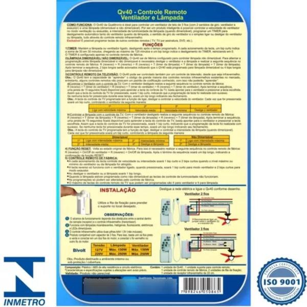 Imagem de Controle Remoto para Ventilador e Lâmpada QV40 Qualitronix