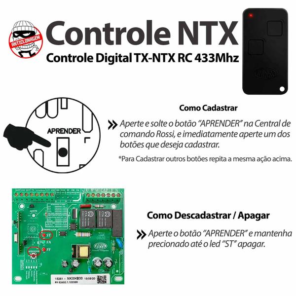 Imagem de Controle Remoto Portão Eletrônico Ntx 433mhz Preto Rossi