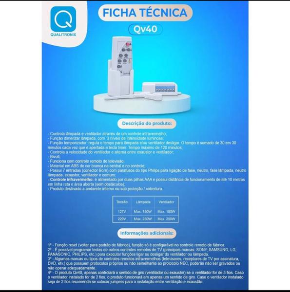 Imagem de Controle Remoto + Suporde Universal Completo Para Ventilador De Teto e Luz Com Receptor Qualitronix