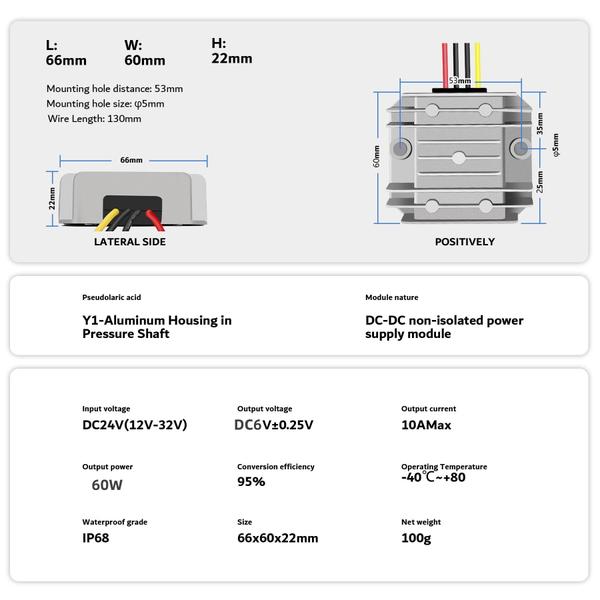 Imagem de Conversor Buck YRDZXG 12V/24V para 6V 10A 60W à prova d'água