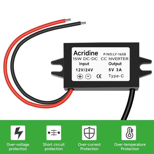 Imagem de Conversor DC 12V/24V para 5V USB C Buck 3A 15W à prova d'água