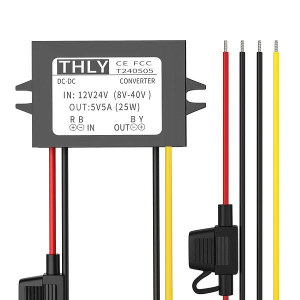 Imagem de Conversor DC Buck THLY 24V para 5V 5A 25W à prova d'água com fusível