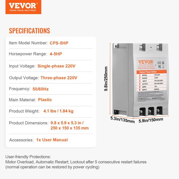 Imagem de Conversor de fase VEVOR 5HP 15A Monofásico para Trifásico 220V