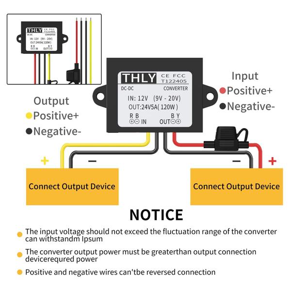 Imagem de Conversor de tensão THLY 12V a 24V 5A 120W com fusível à prova d'água