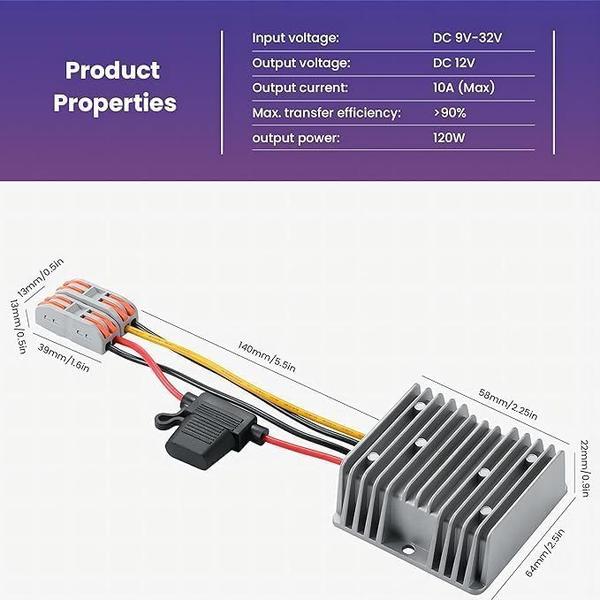 Imagem de Conversor de tensão YABOANG DC/DC 9-32V para 12V 10A 120W