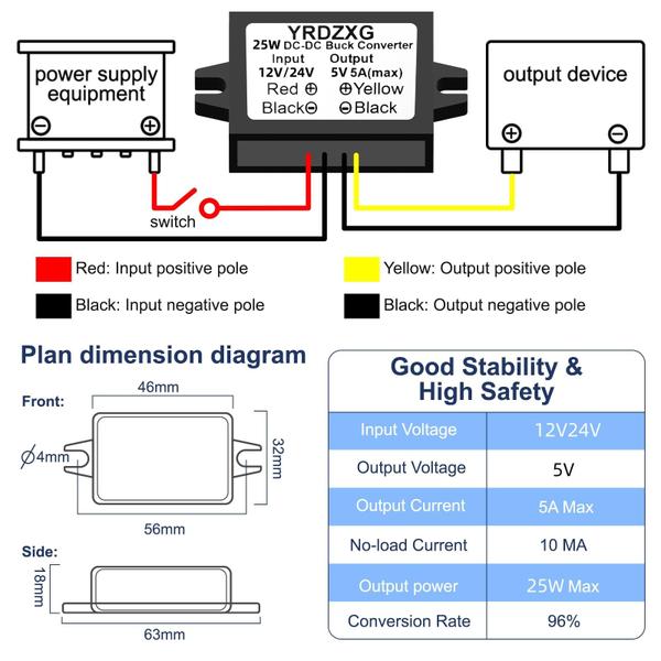 Imagem de Conversor Step-Down YRDZXG 5V 5A 25W DC 12V/24V a 5V