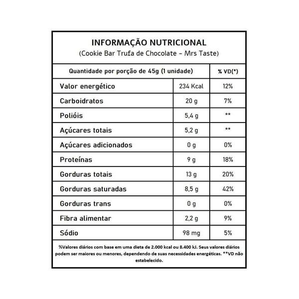 Cookie Bar Sabor Trufa De Chocolate - Mrs Taste 12 Un. Imagem de Cookie Bar Sabor Trufa De Chocolate - Mrs Taste 12 Un.