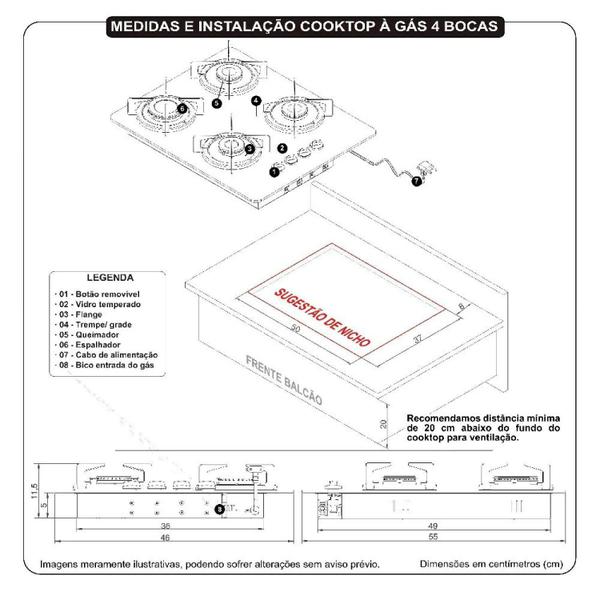 Imagem de Cooktop 4 Bocas Flange Inox Vidro Bivolt Fogatti Preto/Inox