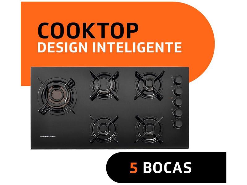 Imagem de Cooktop 5 Bocas a Gás GLP Brastemp Vidro Temperado - Quadrichama Preto Ative! BDD85 AEUNA