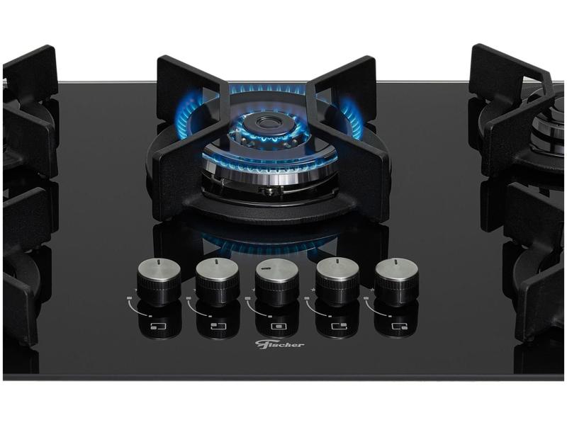 Imagem de Cooktop 5 Bocas a Gás GLP Fischer Vidro Temperado - Preto com Grades de Ferro Fundido Infinity 5Q TC