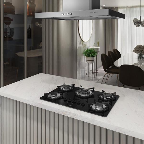 Imagem de Cooktop 5 Bocas Elétrico Tripla Chama a Gás GLP Fogatti Mesa em Vidro Preto