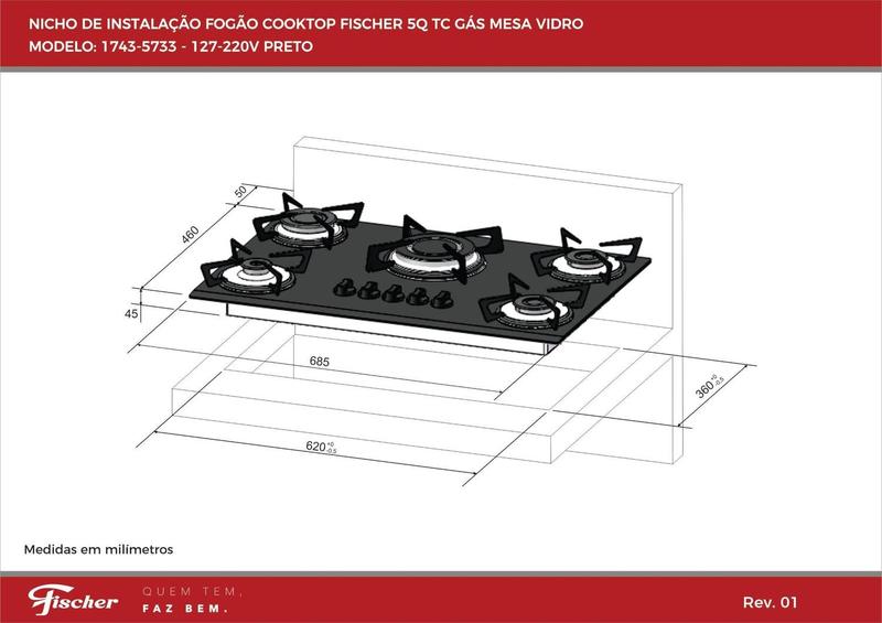 Imagem de Cooktop 5 Bocas Fischer Preto a Gás GLP - Tripla Chama 1743 5733 Bivolt