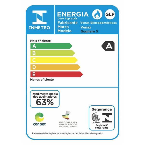 Imagem de Cooktop 5 Bocas Venax Sognare Tripla Chama Preto Gas Glp