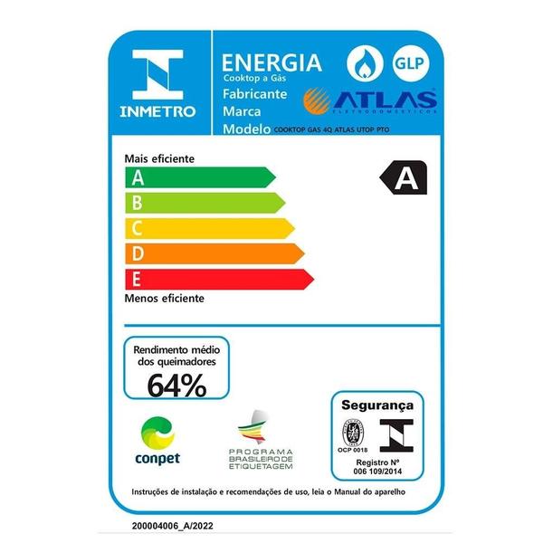 Imagem de Cooktop a Gás Atlas U Top Superautomático Vidro Temperado - 4 Bocas