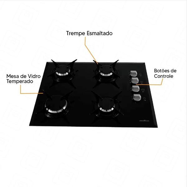 Imagem de Cooktop à Gás Britânia BCT4P 4 bocas de Embutir Vidro Bisotê-Bivolt